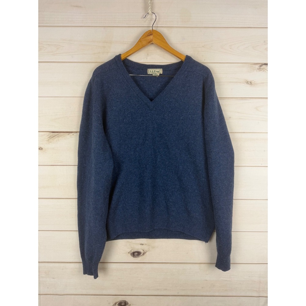 Vintage LL Bean Sweater Mens XL Blue Lambswool V-Neck Made in Ireland Boxy
